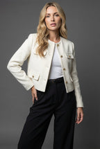 Victoria – Dam Tweed Cropped Blazer Rund Hals Guldknappar